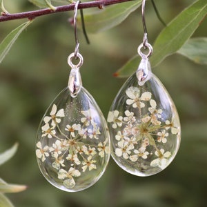 real flower earrings with delicate yellow blossoms (cow's parsley) in eco epoxy resin, teardrop shape, stainless steel earhooks