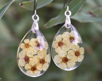 real flower earrings with little yellow flowers (spirea) in eco epoxy resin, teardrop shape, stainless steel earhooks