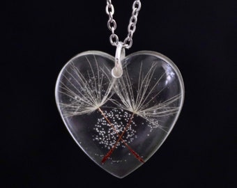 Flower Necklace: heart pendant with real dandelion seeds in transparent epoxy resin, stainless steel chain, adjustable length