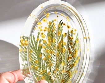 flower soapdish with real pressed mimosa in ecofriendly epoxy resin, oval, transparent - perfect gift for nature lovers