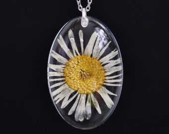 Blumen Halskette: ovaler Anhänger mit echtem Gänsblümchen in Epoxydharz, 3 x2 cm, längenverstellbare Kette aus Edelstahl
