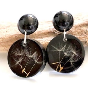 floral statement dangle earrings with dandelion seeds in ecro friendly epoxy resin - black, round dangle