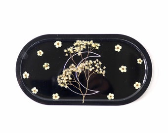 Cosmic floral moon and stars trinket dish/ ring dish/ soap dish/ catch all: silver moon, sedum album and spirea flowers, black