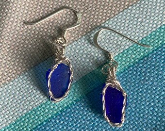 Scottish beautiful Cobalt blue sea glass earrings - Handmade in Scotland