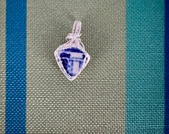Scottish patterned blue and white sea pottery pendant - Handmade in Scotland
