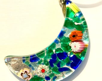 Colgante vintage de luna de cristal de Murano – Collar italiano con hojas de plata
