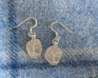 Beautiful cloudy white Tree of Life Scottish sea glass earrings - Handmade in Fife