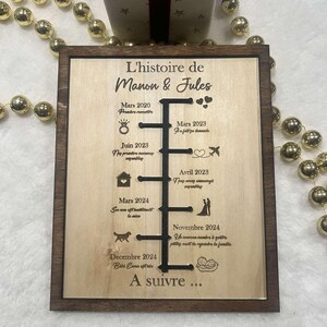 Könnte beinhalten: Eine Holztafel mit einer Zeitleiste der Beziehung eines Paares, beginnend mit ihrem ersten Treffen im März 2020 und endend mit ihrer Hochzeit im November 2024. Die Tafel ist mit dem Text "L'histoire de Manon & Jules" graviert und enthält Symbole, die die einzelnen Meilensteine darstellen, wie zum Beispiel einen Ring für den Heiratsantrag, ein Haus für den Hauskauf und einen Hund für die Anschaffung eines Haustieres.