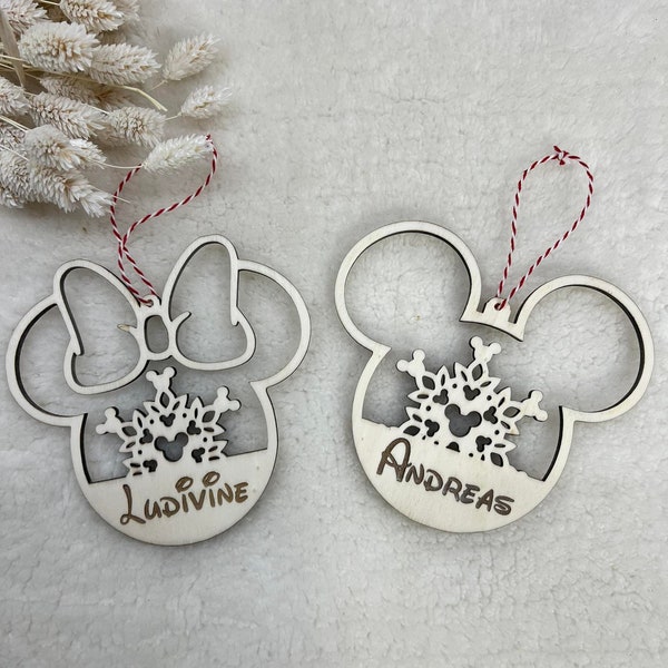 Boule de Noël en bois Mickey/Minnie, boule de Noël personnalisable en bois