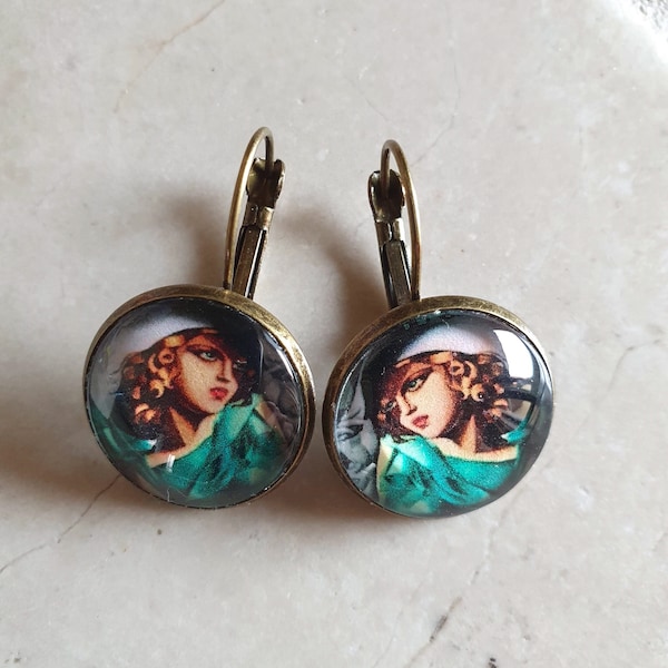 Cabochon earrings "Girl in green" Tamara de Lempicka