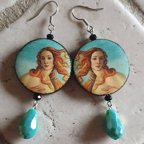 Boucles d'oreilles pendantes en bois "La Naissance de Vénus" de Sandro Botticelli