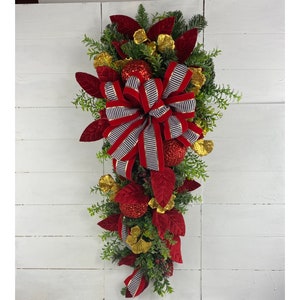 Christmas frosted elegant evergreen swag for front door, red velvet traditional holiday home decorations, vertical  Christmas door hanger