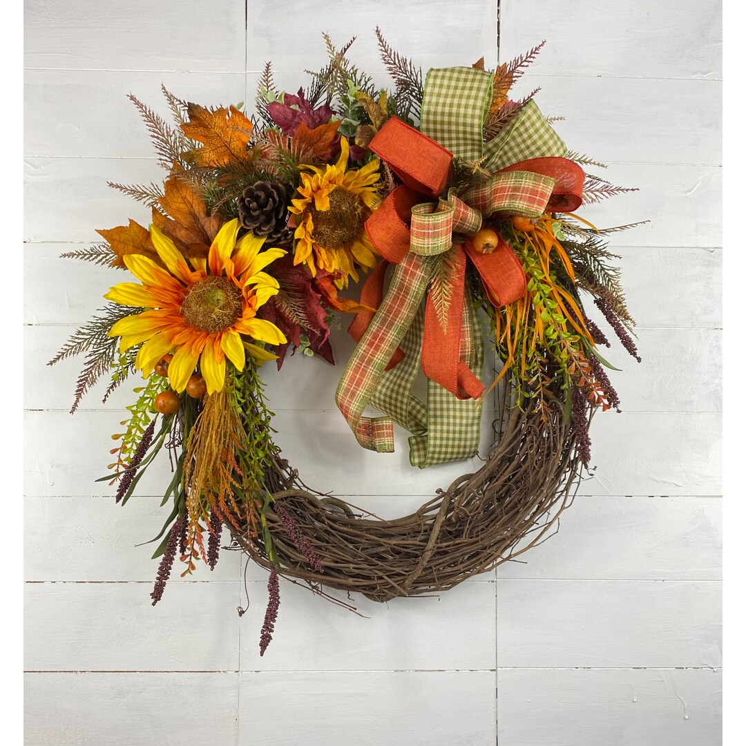 Buy Fall Floral Grapevine Wreath With Sunflower and Fall Leaves for ...