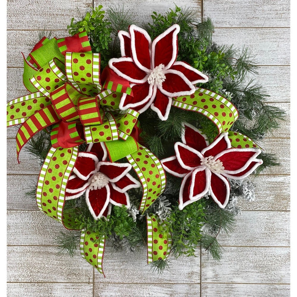 Flocked Evergreen Poinsettia Christmas Wreath: Holiday home Door Decor