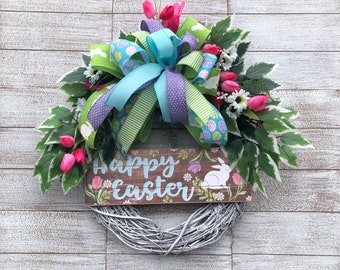 Easter bunny spring grapevine floral wreath with daisies and tulips for front door, Easter egg home decoration, spring porch tulip decor