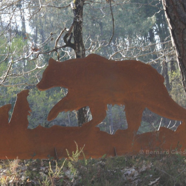 Décor ours et marmottes en acier rouillé corten