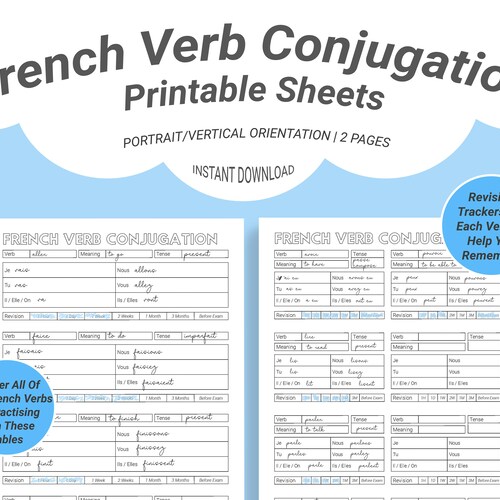 french language verb conjugation practice worksheets printable etsy