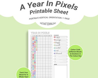 A Year In Pixels Printable Sheet | Bullet Journal Mood Tracker | Instant Download