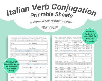 Feuilles de travail de pratique de la conjugaison des verbes en italien imprimables | Coniugazione Verbo Italiano | Téléchargement instantané |