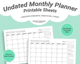 Undated Landscape Monthly Planner Printable Sheets | Sunday & Monday Starts | Undated Calendar Template | Instant Download