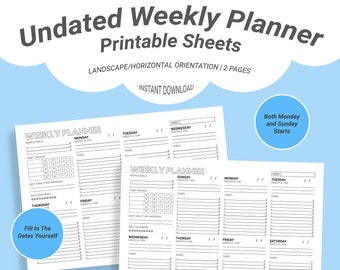 Undated Landscape Weekly Planner Printable Sheets | Sunday & Monday Start | Daily To-Do List | Habit Tracker | Week Goals | Instant Download