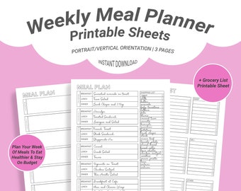 Weekly Meal Planner & Grocery List Printable Pack | Kitchen, Cooking, Shopping List, Family Budget, Student Budget, Meal Prep, Grocery List