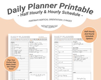 Daily Planner Printable | Half Hourly & Hourly Schedule | Daily Goals | Daily Meal Planner | To Do List | Undated Daily Planner Template
