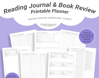 Reading Journal & Book Review Printable Planner | Reading Tracker | Book Wishlist | Library Book Tracker | Reading Log | Reading Challenge