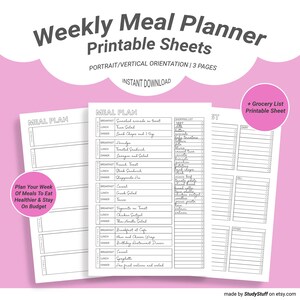 Weekly Meal Planner & Grocery List Printable Pack Kitchen, Cooking, Shopping List, Family Budget, Student Budget, Meal Prep, Grocery List image 1