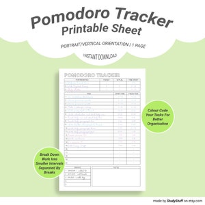 Könnte beinhalten: Ein druckbares Pomodoro-Tracker-Blatt mit weißem Hintergrund und schwarzem Text. Das Blatt ist in Abschnitte für Top-Prioritäten, Aufgaben, Startzeit, Endzeit und Pausen unterteilt. Das Blatt enthält auch einen Abschnitt für Notizen und einen Farbcode für Aufgaben. Der Text "Pomodoro Tracker" befindet sich oben auf dem Blatt.