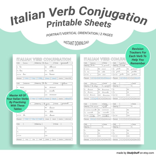 Italian Language Verb Conjugation Practice Worksheets Printable | Coniugazione Verbo Italiano  | Instant Download |