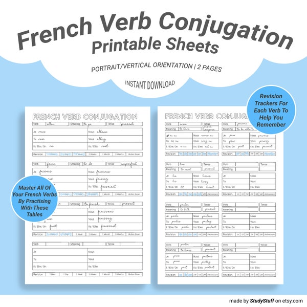 French Language Verb Conjugation Practice Worksheets Printable | La conjugaison des verbes français | Student Study Printables | Download