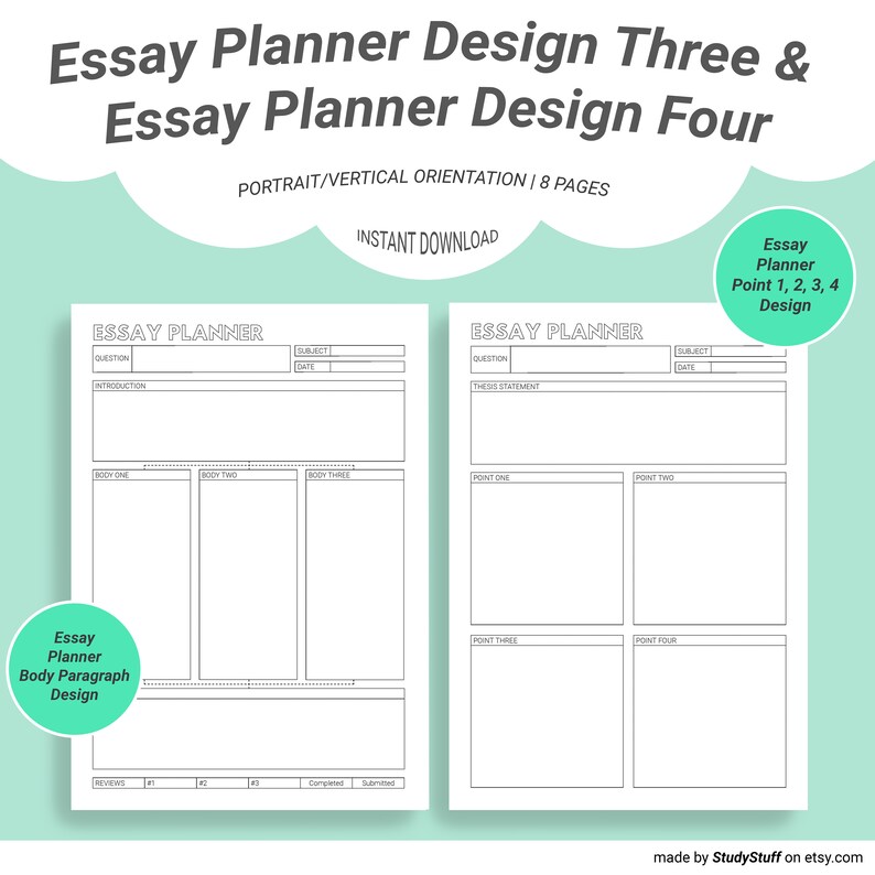 May include: Two printable essay planner templates. The first template is designed for a three-paragraph essay with sections for question, introduction, body one, body two, body three, reviews, completed, and submitted. The second template is designed for a four-point essay with sections for question, thesis statement, point one, point two, point three, and point four.
