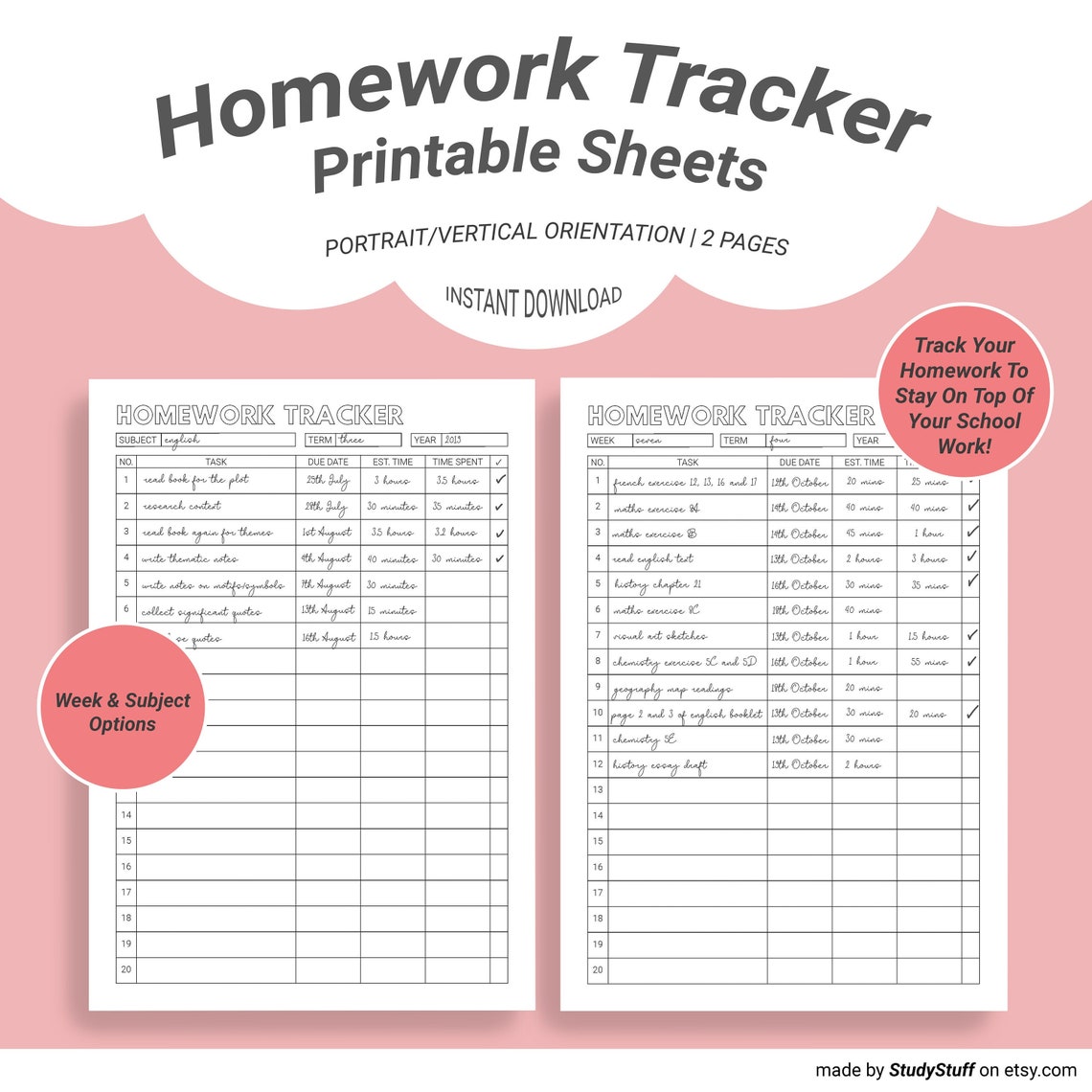 Homework Tracker Printable Sheets | Homework & Assignment Planner ...