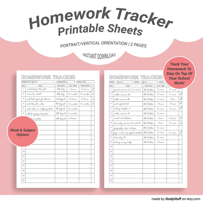 Homework Tracker Printable Sheets  Homework & Assignment image 0