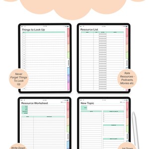 May include: Four digital planner pages for language learning. The pages are designed for GoodNotes, Notability, and PDF readers. The pages include sections for things to look up, a resource list, a resource worksheet, and a new topic page.