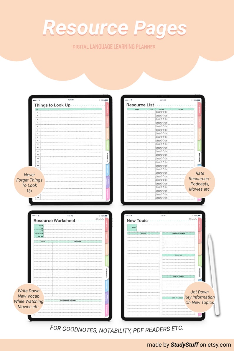 May include: Four digital planner pages for language learning. The pages are designed for GoodNotes, Notability, and PDF readers. The pages include sections for things to look up, a resource list, a resource worksheet, and a new topic page.