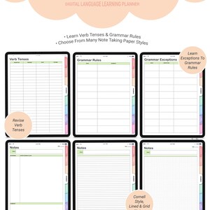 May include: Digital printable note-taking pages for grammar study. The pages feature different layouts, including lined, grid, and Cornell note-taking styles. The pages are designed for use with Goodnotes, Notability, and PDF readers.