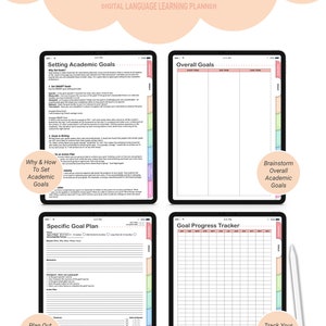 May include: A digital planner for setting academic goals. The planner includes pages for setting overall goals, specific goals, and tracking progress. The pages are designed for use with GoodNotes, Notability, and PDF readers. The planner has a colourful design with pastel colours.