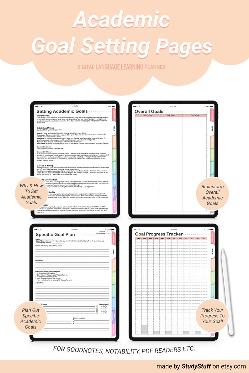 May include: A digital planner for setting academic goals. The planner includes pages for setting overall goals, specific goals, and tracking progress. The pages are designed for use with GoodNotes, Notability, and PDF readers. The planner has a colourful design with pastel colours.