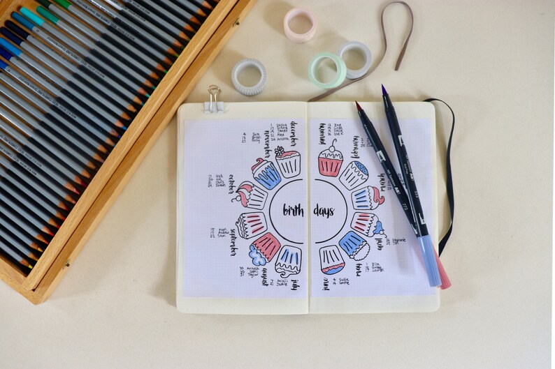 Birthday Tracker Bullet Journal Bday Colour-in Cupcake Bujo Printable ...