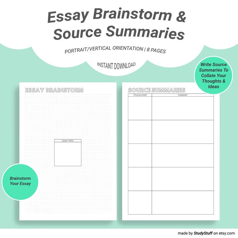 May include: Printable essay brainstorming and source summary worksheet. The worksheet is divided into two sections: "Essay Brainstorm" and "Source Summaries". The "Essay Brainstorm" section has a dotted grid and a box for writing the essay topic. The "Source Summaries" section has a table with columns for the title, author, and summary of sources.