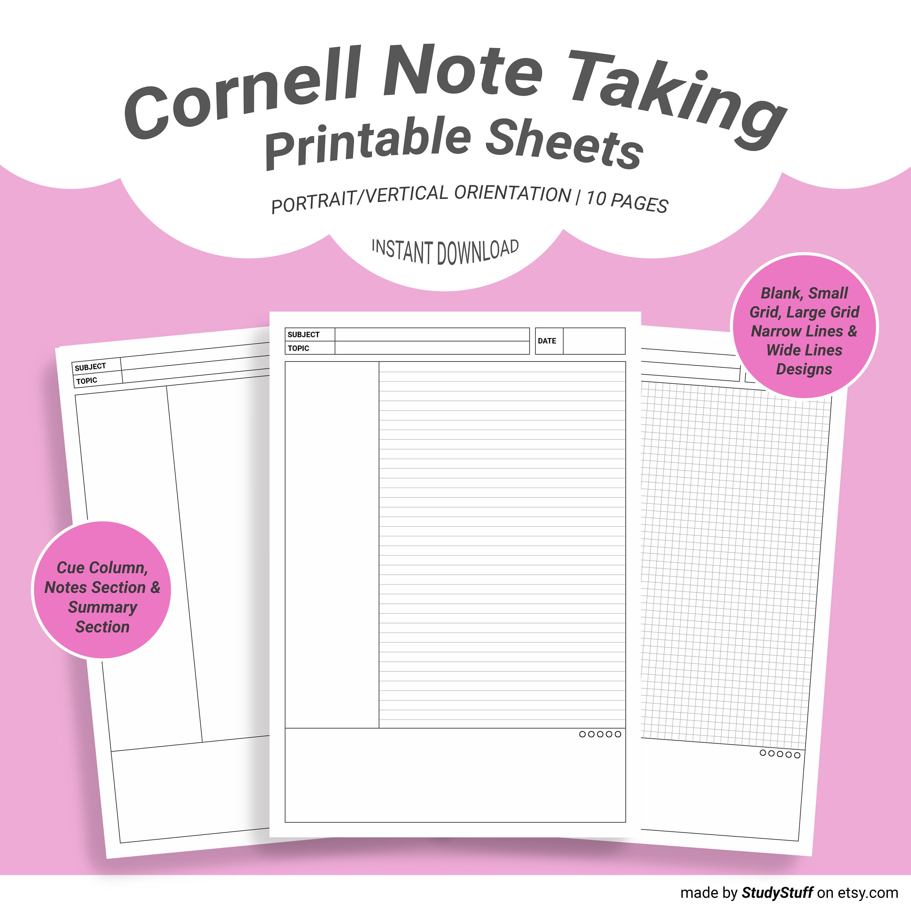 Cornell Note Taking Printable Sheets With Revision Tracker  Study Note  Template  Lecture Note Taking  Lined, Grid, Blank Note Paper Regarding Lecture Note Template