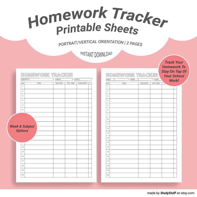 Homework Tracker Printable Sheets Homework Instant Download Etsy
