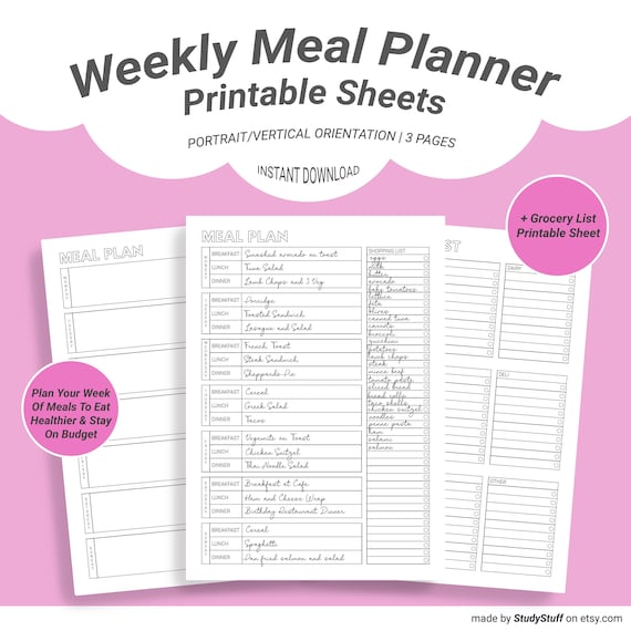 Weekly Meal Planner & Grocery List Printable Pack Kitchen | Etsy