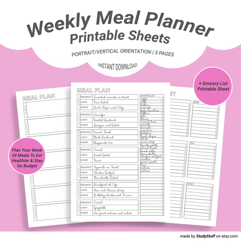 Weekly Meal Planner & Grocery List Printable Pack Kitchen, Cooking, Shopping List, Family Budget, Student Budget, Meal Prep, Grocery List image 1