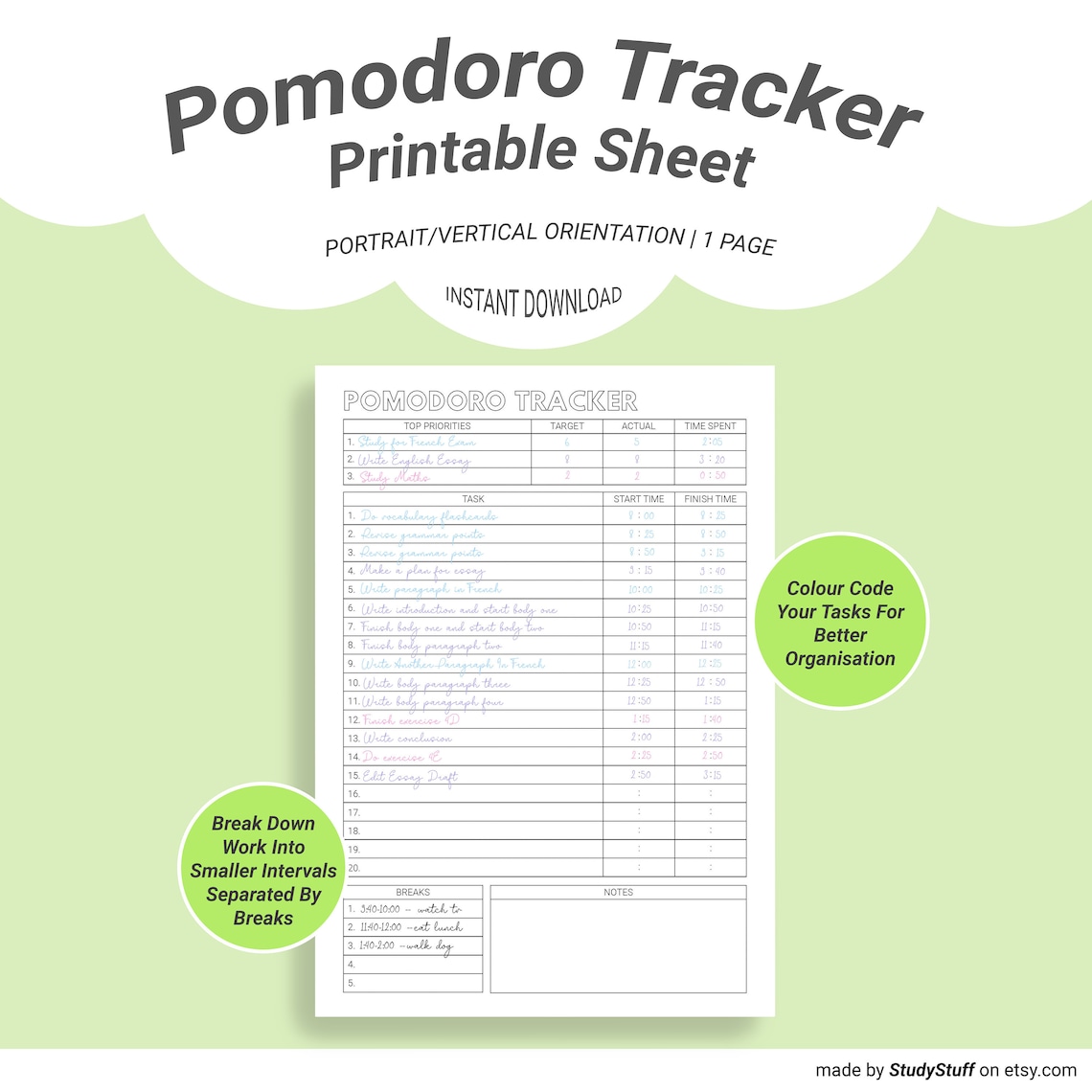 Pomodoro Technique Study Session Tracker Printable  image 0