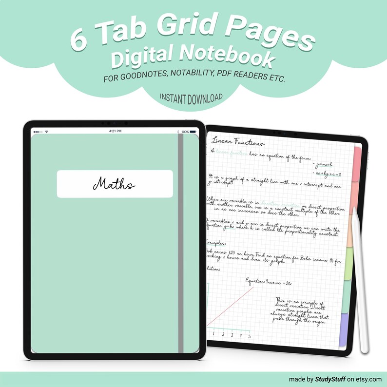 Digital Notebook With Tabs grid Pages, iPad Notes Template, Digital