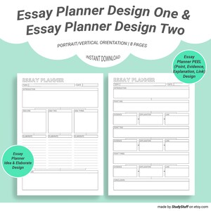May include: Two printable essay planner templates. The first template is designed to help brainstorm ideas and elaborate on them. The second template is designed to help organise an essay using the PEEL method (Point, Evidence, Explanation, Link).