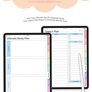May include: Two digital planner pages for language learning. The left page is titled "Ultimate Study Plan" and has three sections for planning. The right page is titled "Today's Plan" and has sections for scheduling, priorities, to-do items, goal progress, and habit trackers.